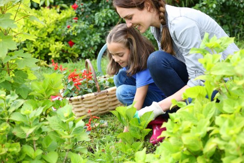 Gardening team starting a maintenance job with tools